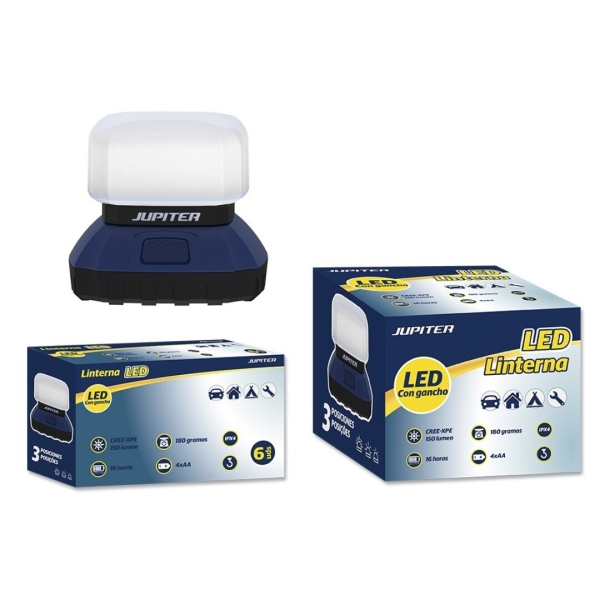 Jupiter lanterna de campismo led cree-xpe 150lm - 3 intensidades - resistência ipx4 - funciona com 4 pilhas aa (não incluídas) - cor azul/preto