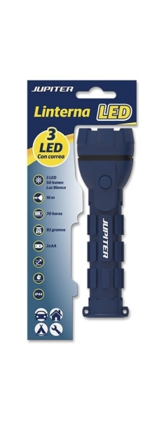 Jupiter lanterna de luz branca 3 led 50lm - corpo de borracha - resistência ip44 - funciona com 2 pilhas aa (não incluídas) - cor azul
