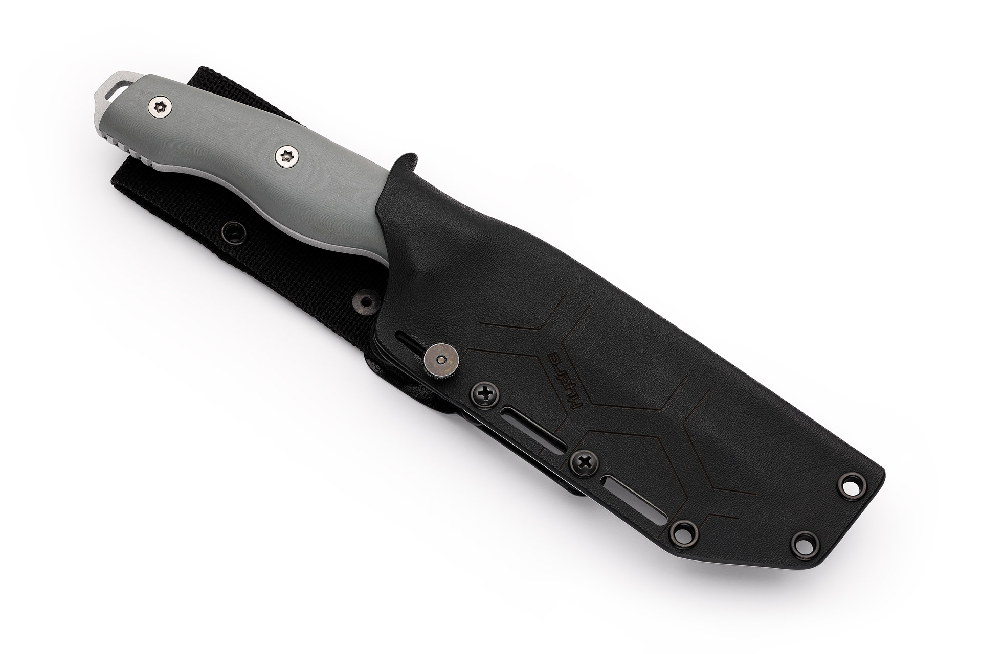 Faca de sobrevivência Hydra WHITE NOISE com lâmina de 130mm Böhler K110 (D2), cabo G10 cinza, inclui bainha de kydex