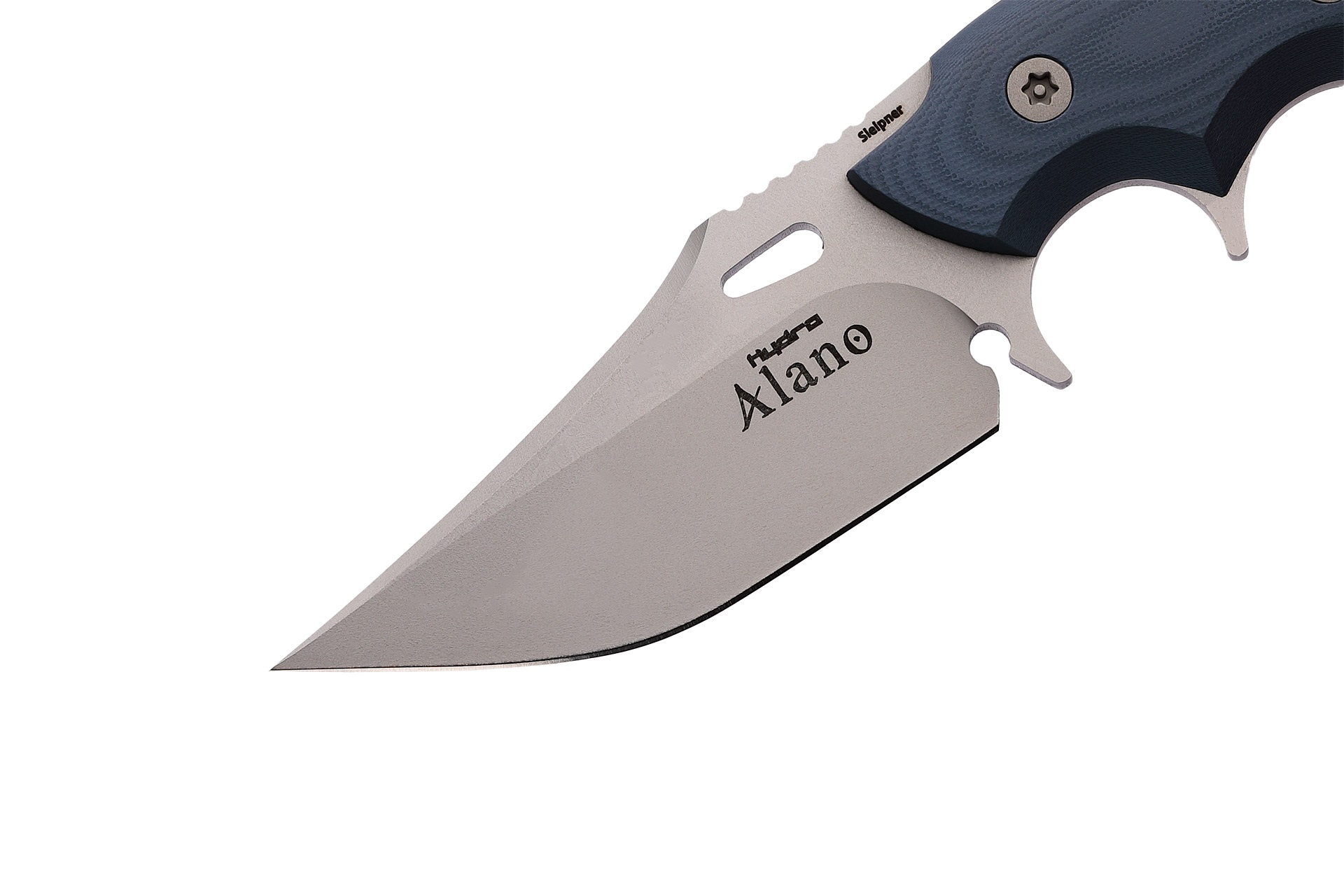 Faca Alano Tactical na cor azul, Faca com lâmina em aço Sleipner, cabo em G10 com detalhes exclusivos, bainha em Kydex, A ferramenta ideal para desafios e aventuras tácticas. Fabricada em Espanha.