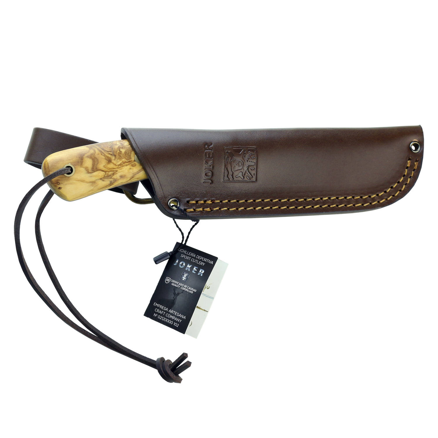 Joker Nessmuk, com cabo de madeira de oliveira de 11,5 cm, lâmina de 10,5 cm, inclui bainha de couro de cor castanho escuro. Faca por J.Sabater.