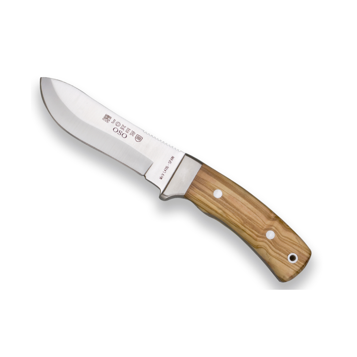 Faca de montagem de uma peça Joker urso com olive madeira de virola bochechas e folha do MOVA 12 cm, com espinha serrilhada, 270 gr, CO49 + multiuso cartão do presente