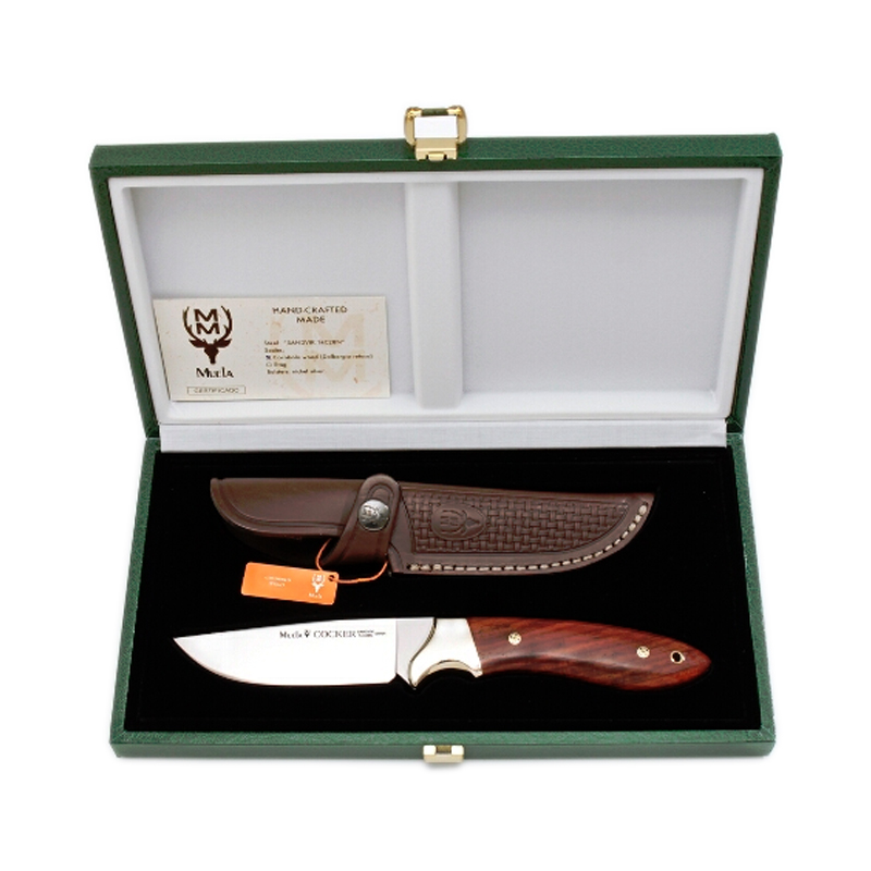 Faca de caça um pedaço Muela Cocker COCKER-11CO. E, virola alpaca, apertos cocobolo, 11 cm, apresentado no caso de folha + multiuso cartão do presente