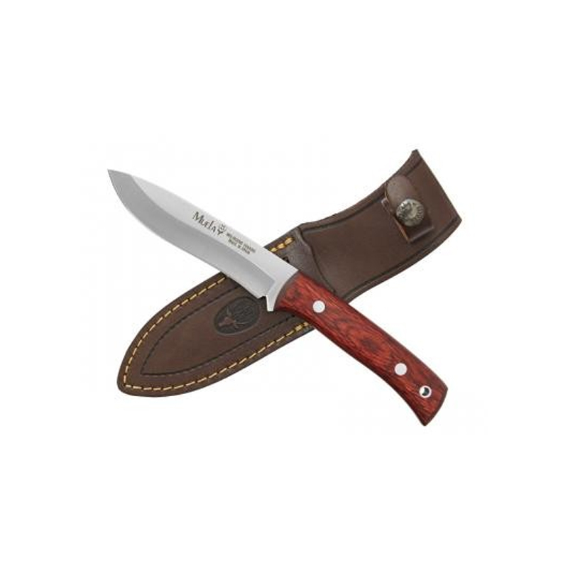 Faca de caça Muela COMF-11R, mango madeira vermelha, lâmina de aço MOVA de 11 cm, com bainha de couro castanho, ferramenta para pesca, caça, campismo e caminhadas
