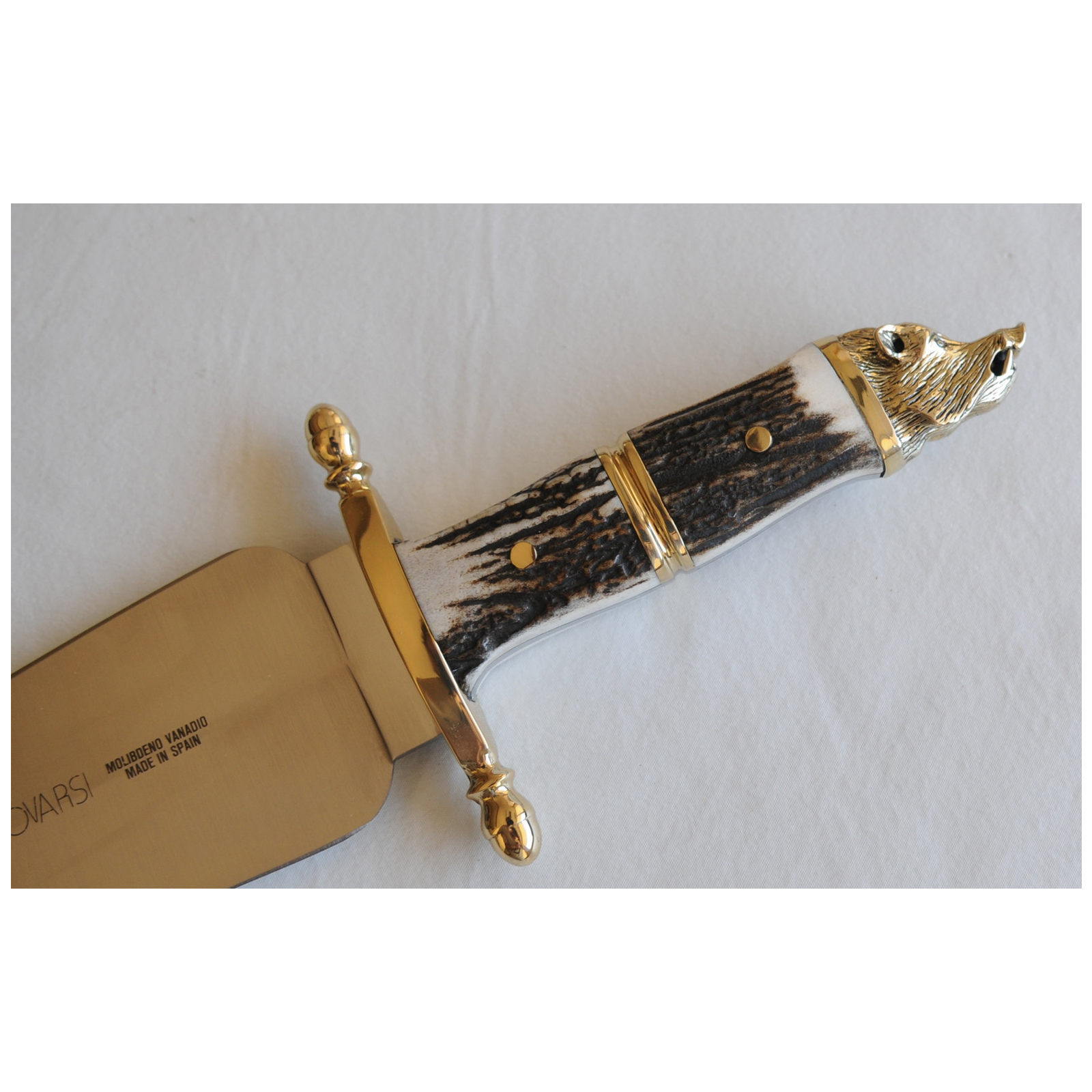 Leilão Muela Covarsí COV-C, macacão, cabos de faca de chifre de veado e latão, cabeça de javali folha 24,5 cm MOVA + cartão presente de múltiplos propósitos