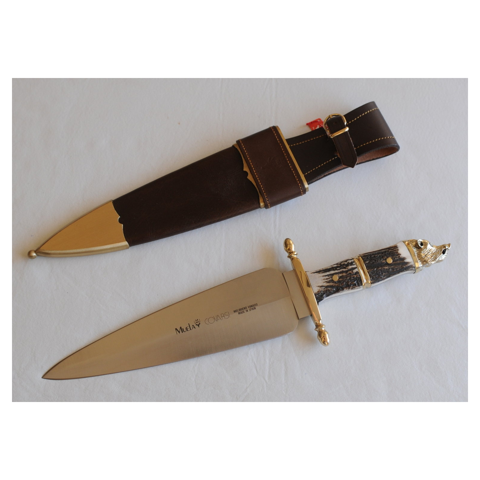 Leilão Muela Covarsí COV-C, macacão, cabos de faca de chifre de veado e latão, cabeça de javali folha 24,5 cm MOVA + cartão presente de múltiplos propósitos
