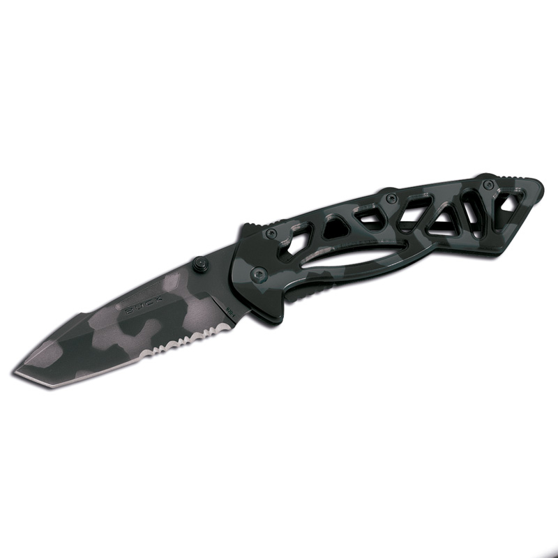 Facas de Corço STE-0870CMX Faca Táctica Bones® Tiger Faca de listra serrilhada com lâmina de aço inoxidável 420HC 7,7 cm de desenho de camuflagem Clip de cinta
