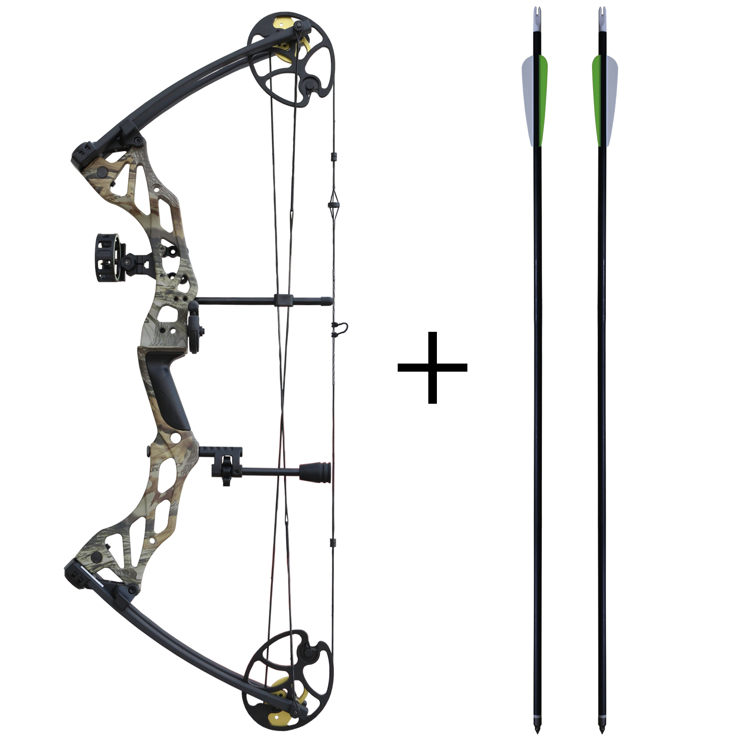 KIT - Arco composto por polias Hellbow Fossil ajustável de 30 a 70 LBS e uma abertura de 25 a 31, arco colorido God Camo com múltiplos acessórios.