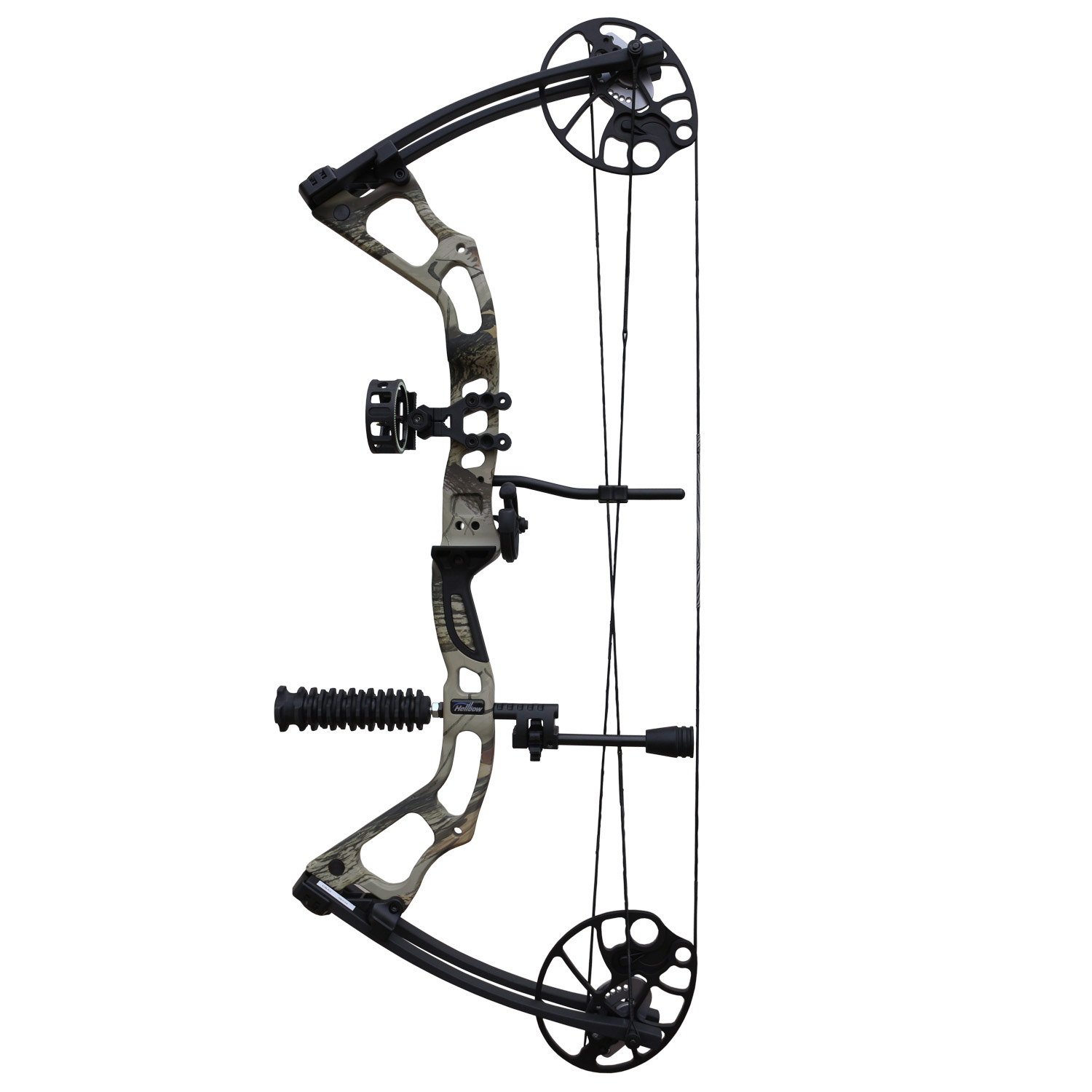Arco de caça composto por polias Hellbow Mirage ajustável de 19-31/15-70 LBS para camuflagem à direita, com visor de 3 pinos, estabilizador e apoio para os pés.