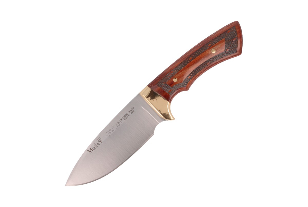 Faca de caça Muela Hawk, pedaços de madeira se estabilizou gravado e latão, uma peça da lâmina, tamanho 25,5 cm + cartão de presente de múltiplos propósitos