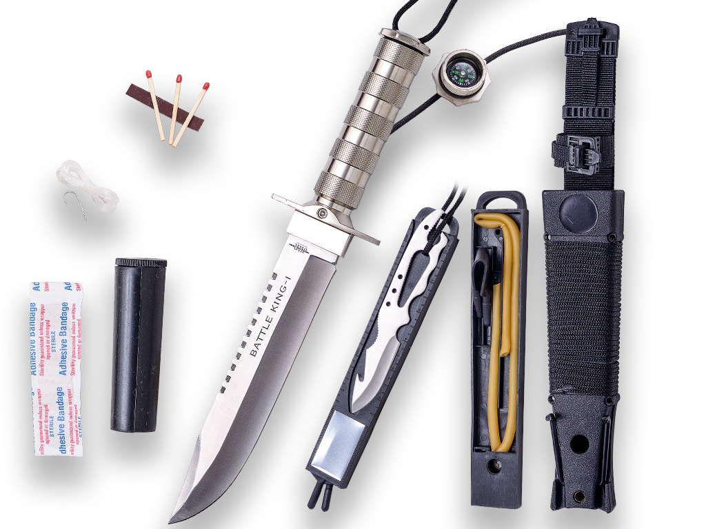 FACA DE SOBREVIVÊNCIA DO REI DA BATALHA I. CABO DE ALUMÍNIO E LÂMINA DE 20,5 CM.INCLUI KIT DE SOBREVIVÊNCIA.BAINHA DE NYLON E PVC - JKR602.