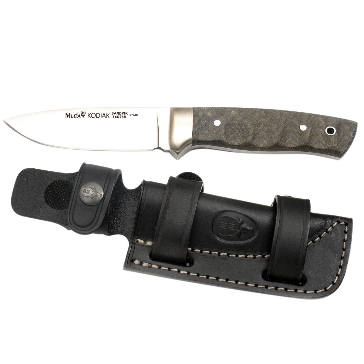 Faca de caça Muela KODIAK KODIAK - 10g, defesa de cetim, macacão, verde micarta identificador contém cartão de presente preta + multiuso