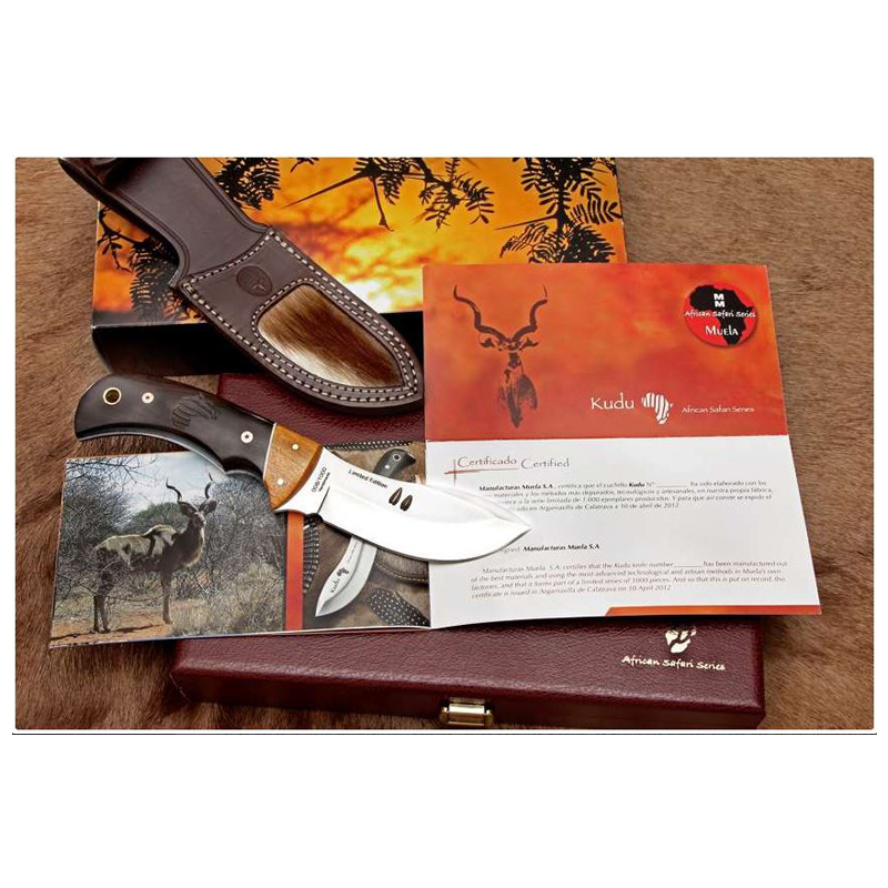 Faca de luxe Muela KUDU, edição limitada, folha de 10 cm forjada aço Sandvik, mango de madeira Blackwood + cartão presente de múltiplos propósitos