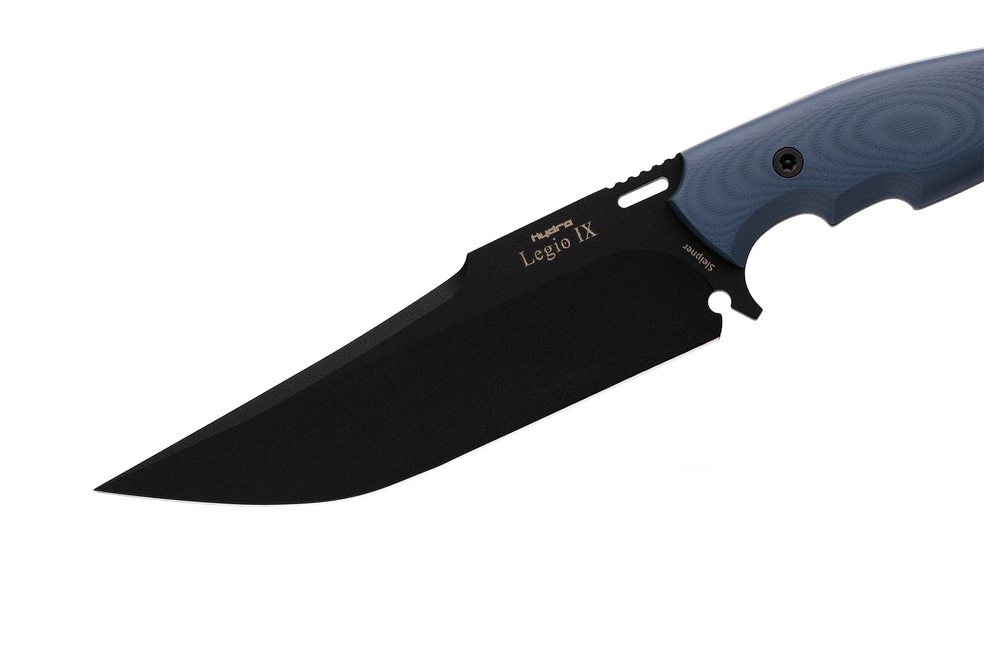 Faca LEGIO IX. Cor Azul (Blue). Inspirada na lendária Nona Legião Romana, uma peça histórica com um legado de bravura e conquista. Brand Hydra Knives Fabricado em Albacete (Espanha).