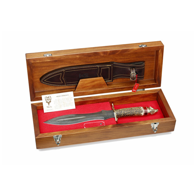 Luxo Muela faca Damasco Lupus LUPUS-25DAM. C, 25 cm de aço Damasco lâmina, chifre de veado, madeira e bronze + cartão presente de múltiplos propósitos