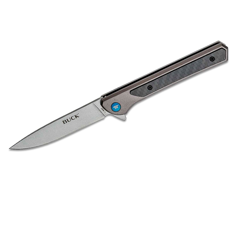 Facas Buck STE-0264GYS Faca Dobrável Cavalier com lâmina de 9,1 cm, ponto de gota em aço inoxidável 7Cr e cabo de alumínio anodizado com incrustação de fibra de carbono. Clipe de bolso em aço inoxidável