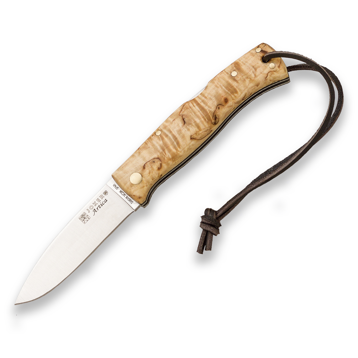 Faca de mato Joker ARTICA NL156 com cabos de madeira de Bétula encaracolada, lâmina de 8 cm 14c28n, ferramenta de pesca, caça, campismo, caminhadas e trekking