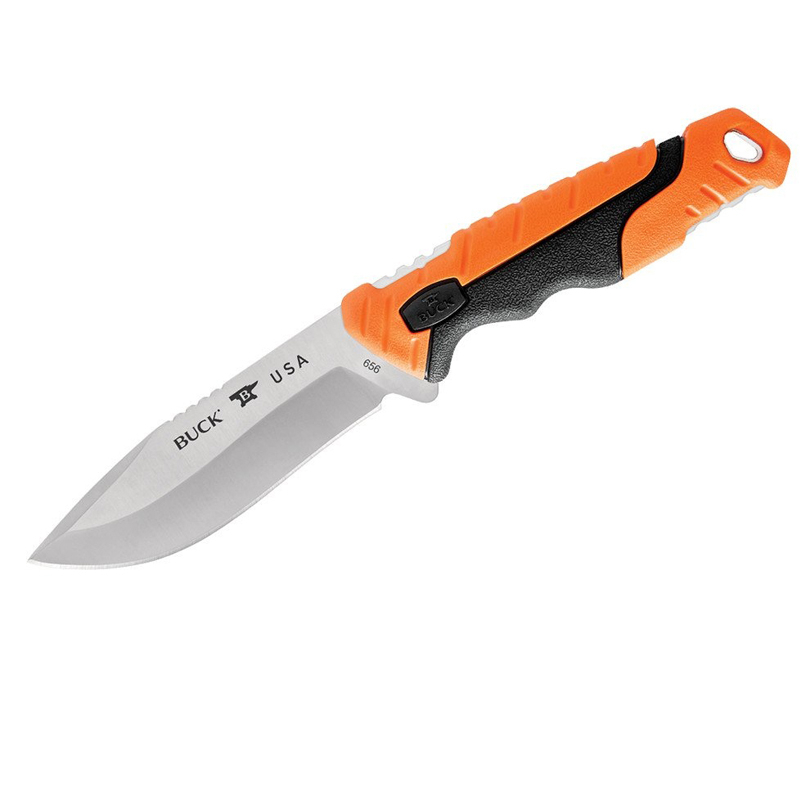 Facas de Nylon STE-0656ORS 656 Pursuit Pro Large 11,4 cm Drop Point 420HC Faca de caça com lâmina fixa de aço BOS com cabo de nylon de vidro Versaflex® laranja e preto com bainha de nylon preto
