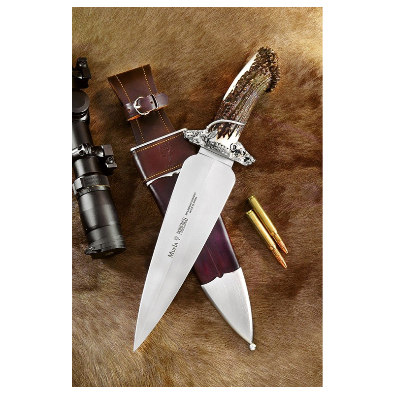 Muela Faca Podengo PODENGO Finial. E, punho com chifre de veado, apresentado em uma caixa de presente, chapa de aço inoxidável MOVA 24.5 cm + cartão de presente de múltiplos propósitos