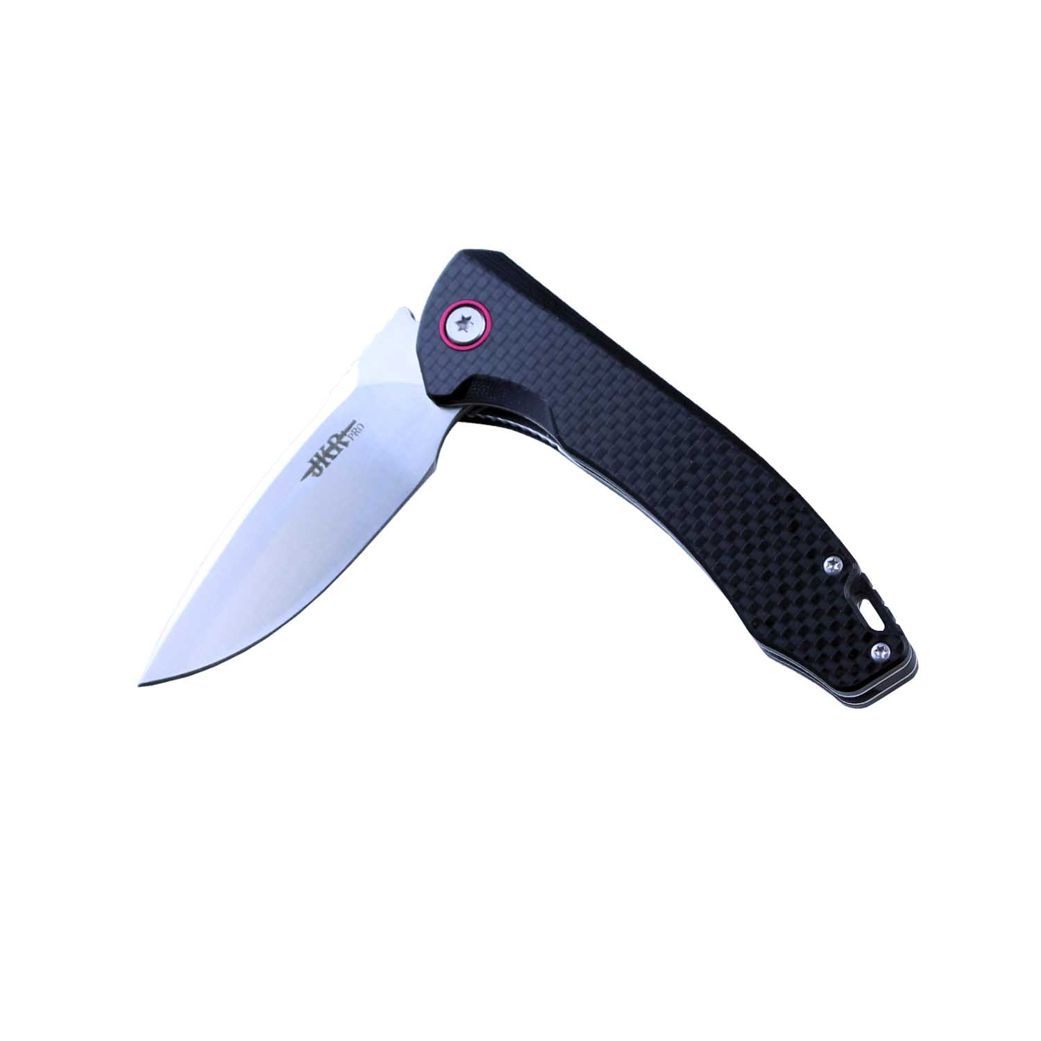 Faca de Abertura com Rolamento JKR10015, Cabo G10 / Fibra de Carbono em Preto e Lâmina de Aço D2 de 8,1 cm, Comprimento Total de 20 cm. Inclui bainha de pano e estojo de preto.