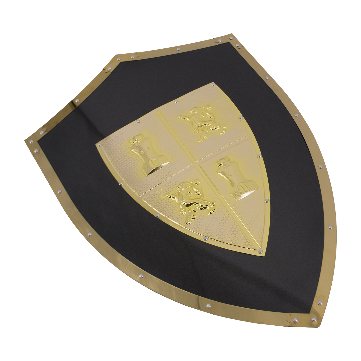 Escudo metálico S4004 com fundo lacado a preto, bordas em ouro brilhante e escudo Castilla y León no centro. Feita de metal com molas traseiras, tamanho 64 cm x 46 cm
