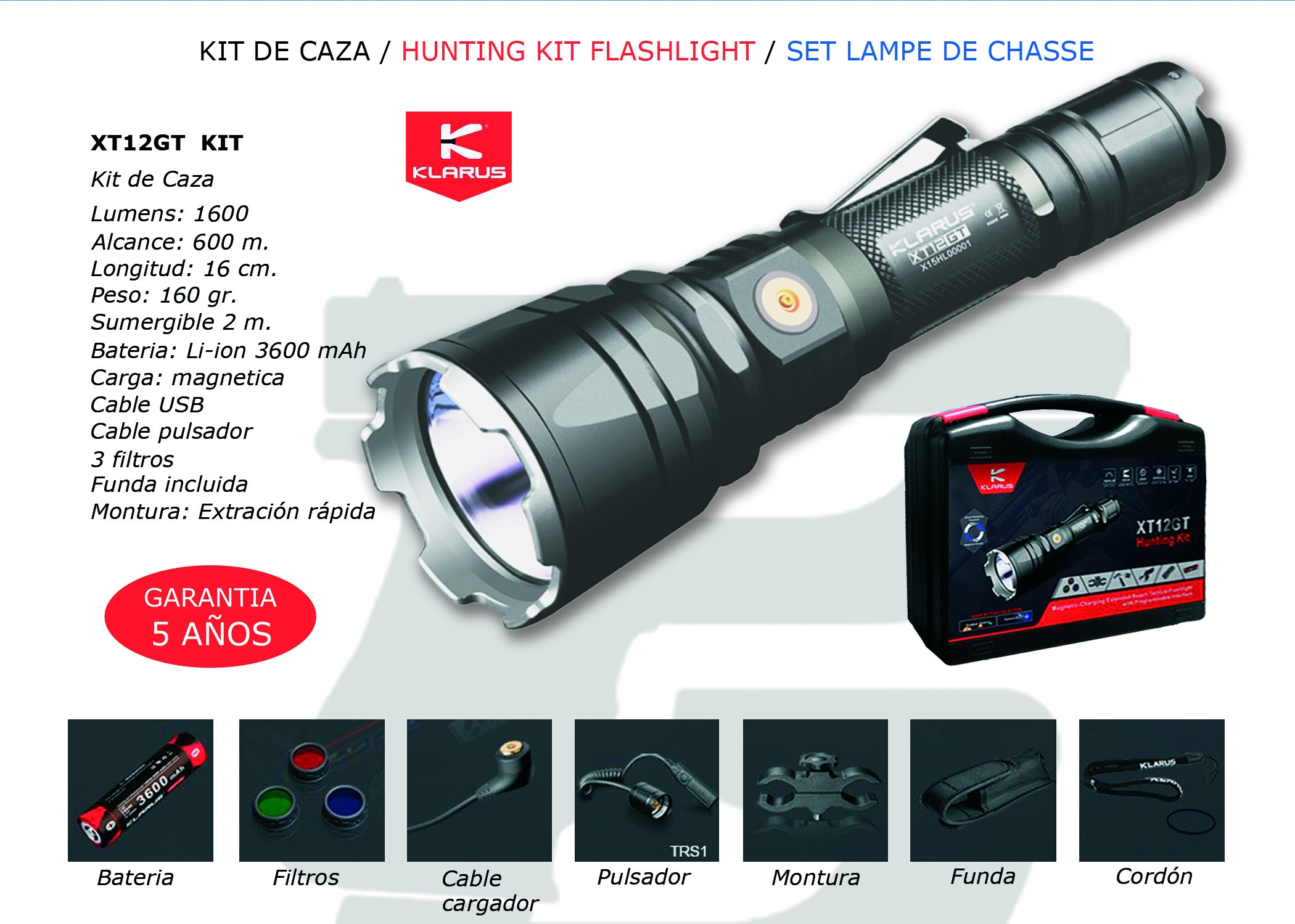 Kit de caça lanterna com bateria externa 18650, cabo de carregamento e estojo Klarus XT12GT-KIT